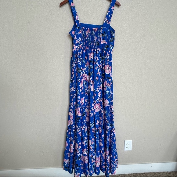 Eliza J Blue Pink Floral Tiered Maxi Dress 6 Smocked Back Spring Summer - Picture 1 of 9